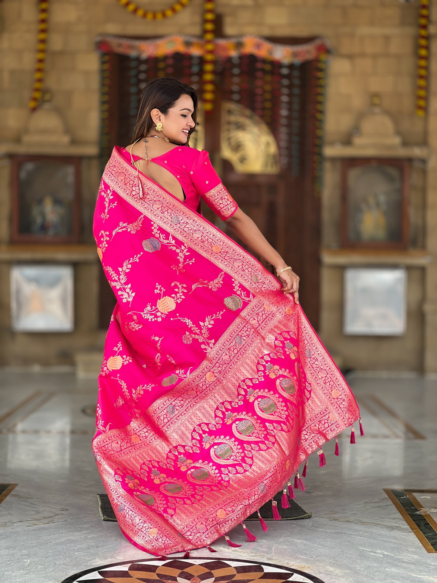 Rani Pink Banarasi Silk Saree with Intricate Zari Work