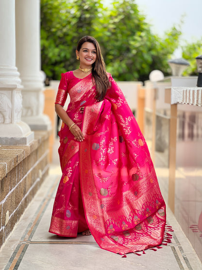 Rani Pink Banarasi Silk Saree with Intricate Zari Work