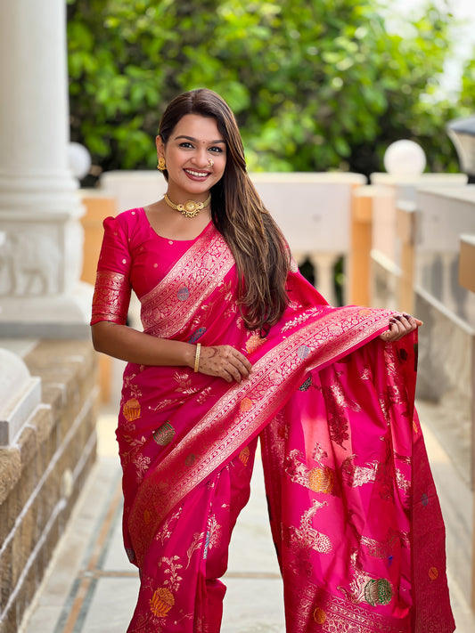 Rani Pink Banarasi Silk Saree with Intricate Zari Work