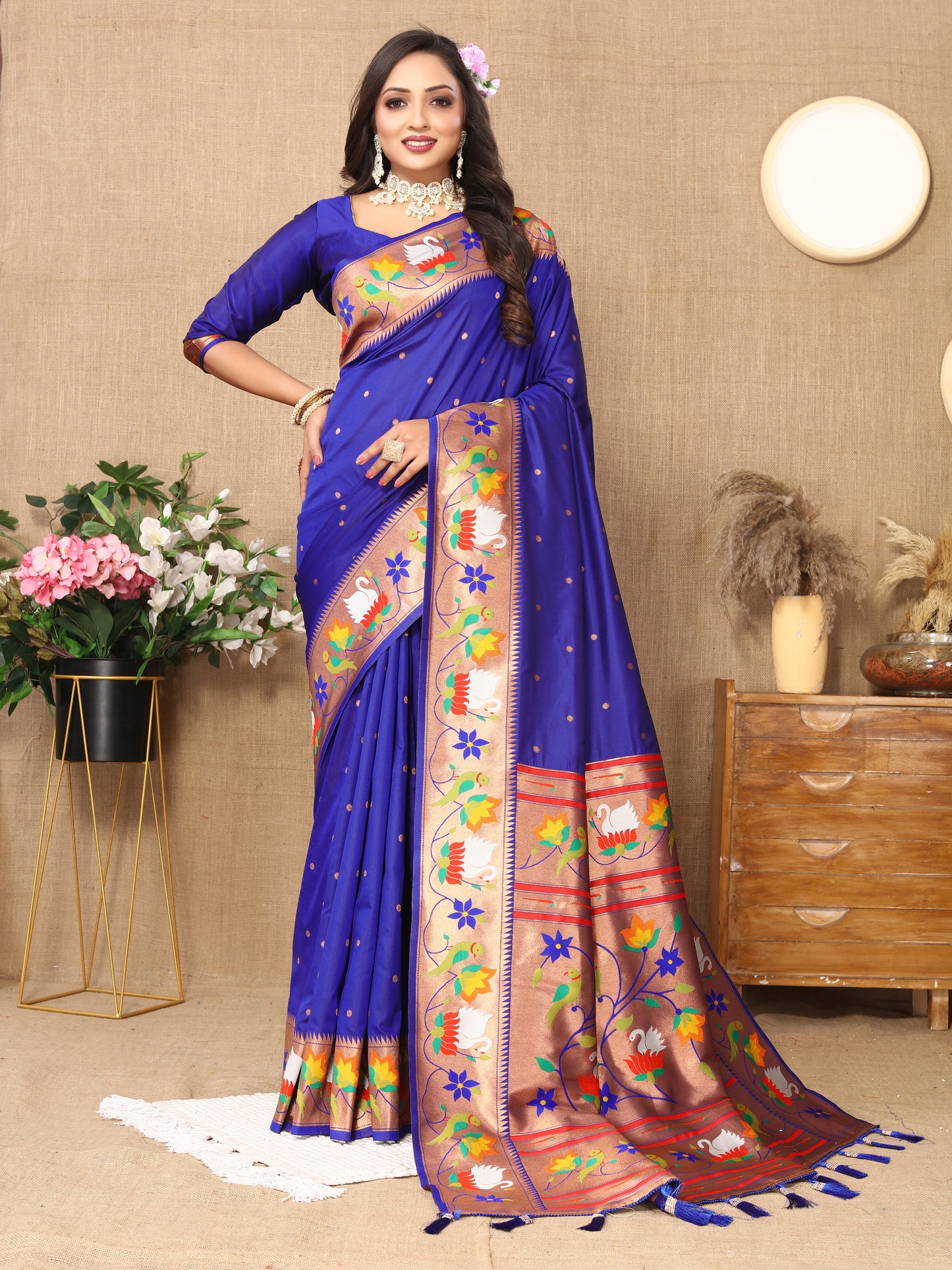 Royal Blue Yeola Style Rajhans Paithani Saree
