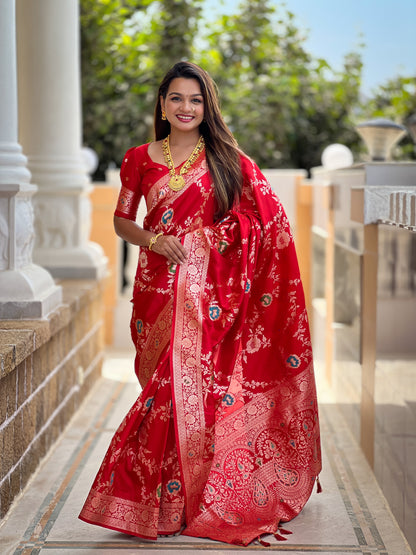 Red Banarasi Silk Saree with Intricate Zari Work