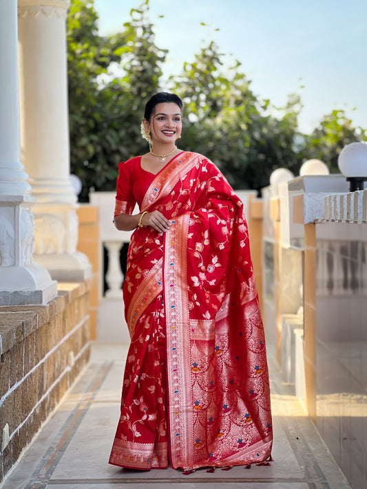 Red Banarasi Silk Saree with Intricate Zari Work