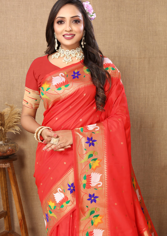 Red Yeola Style Rajhans Paithani Saree