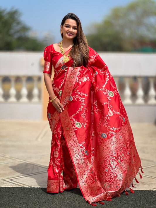 Red Banarasi Silk Saree with Intricate Zari Work