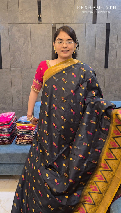 Black Soft Silk Zari Ikkat Patola Saree with Contrast Weaves