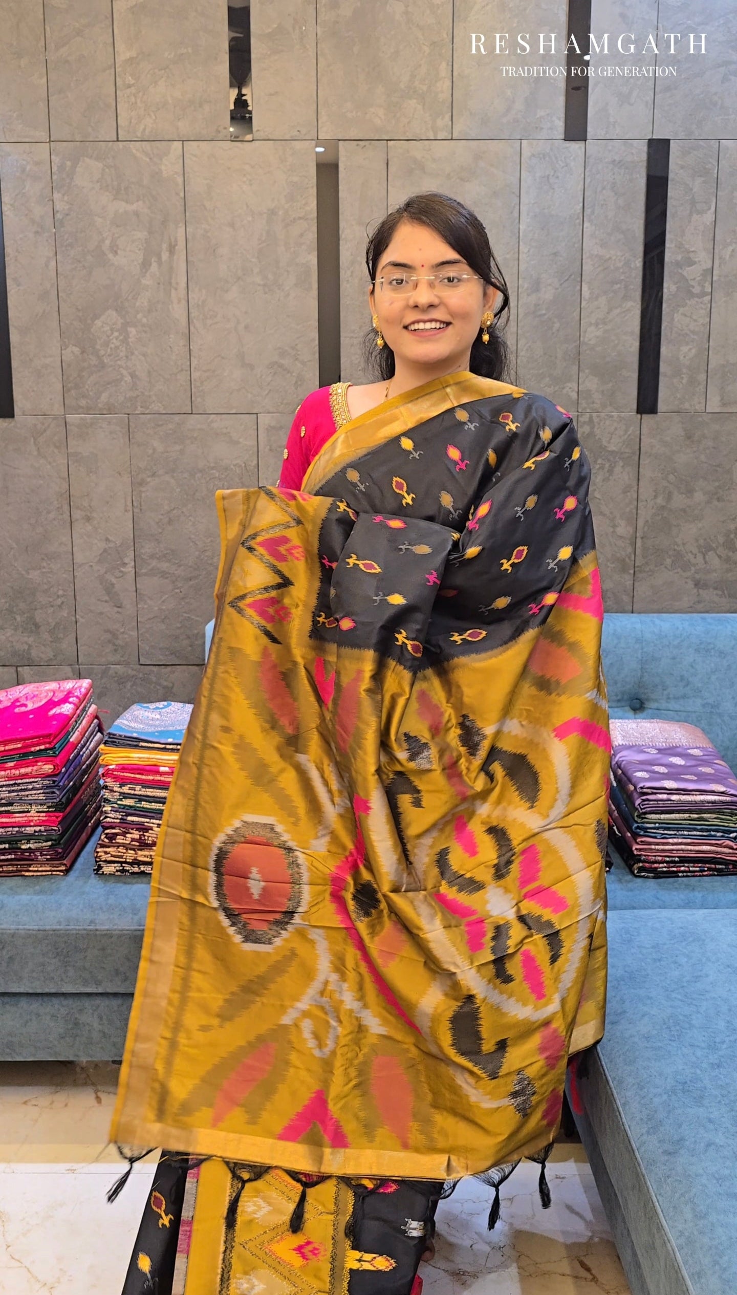 Black Soft Silk Zari Ikkat Patola Saree with Contrast Weaves