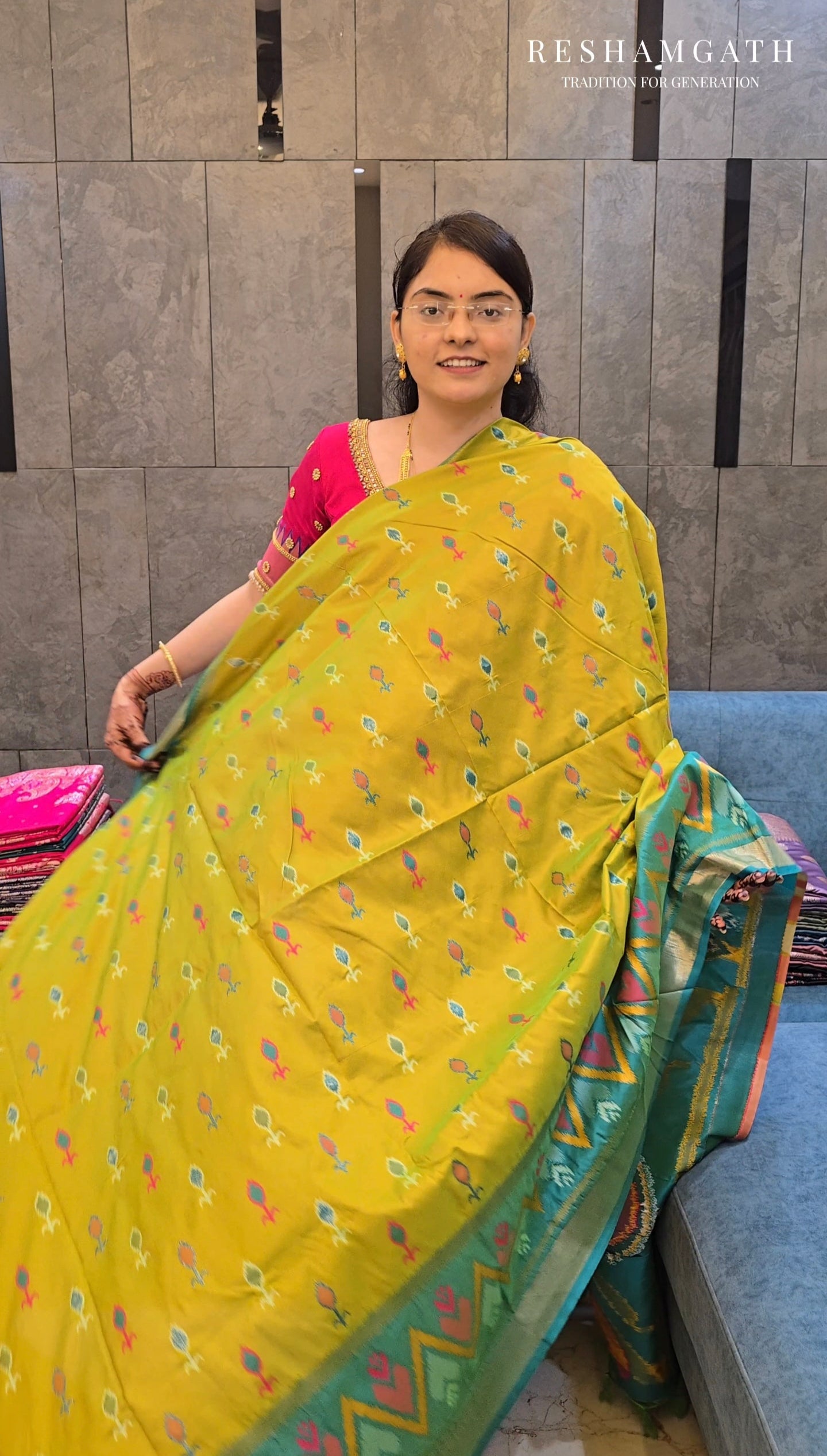 Lemon Yellow Soft Silk Zari Ikkat Patola Saree with Contrast Weaves