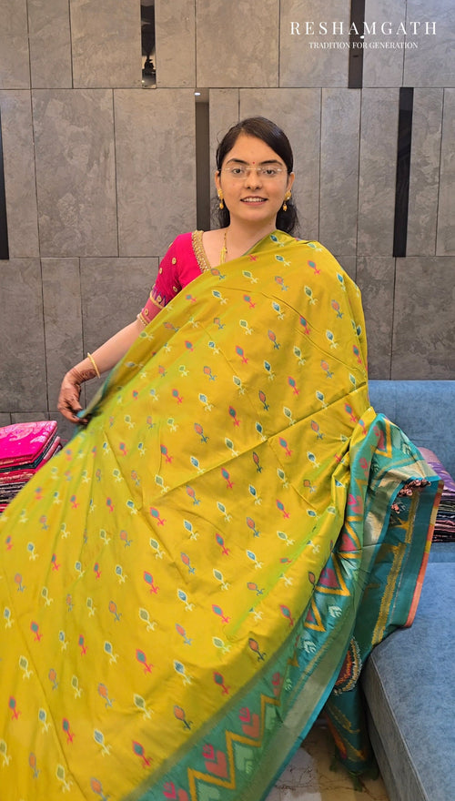 Lemon Yellow Soft Silk Zari Ikkat Patola Saree with Contrast Weaves