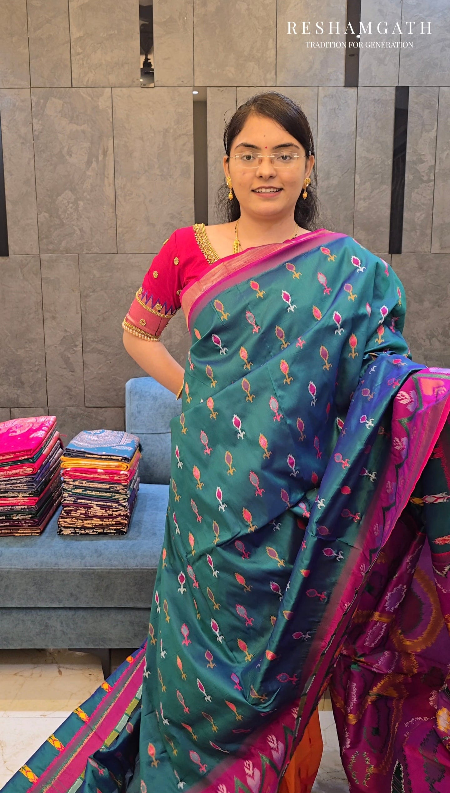 Green Soft Silk Zari Ikkat Patola Saree with Contrast Weaves