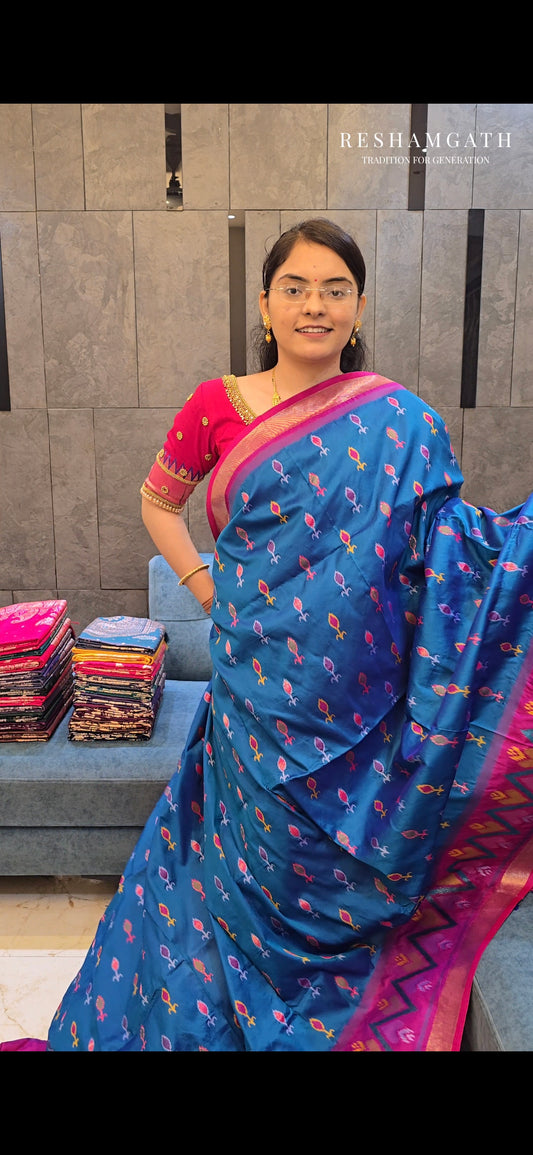 Blue Soft Silk Zari Ikkat Patola Saree with Contrast Weaves