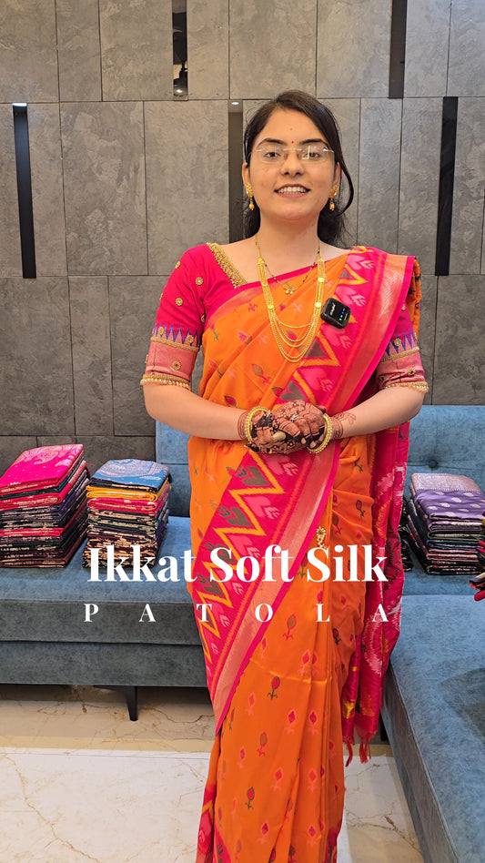 Orange Soft Silk Zari Ikkat Patola Saree with Contrast Weaves