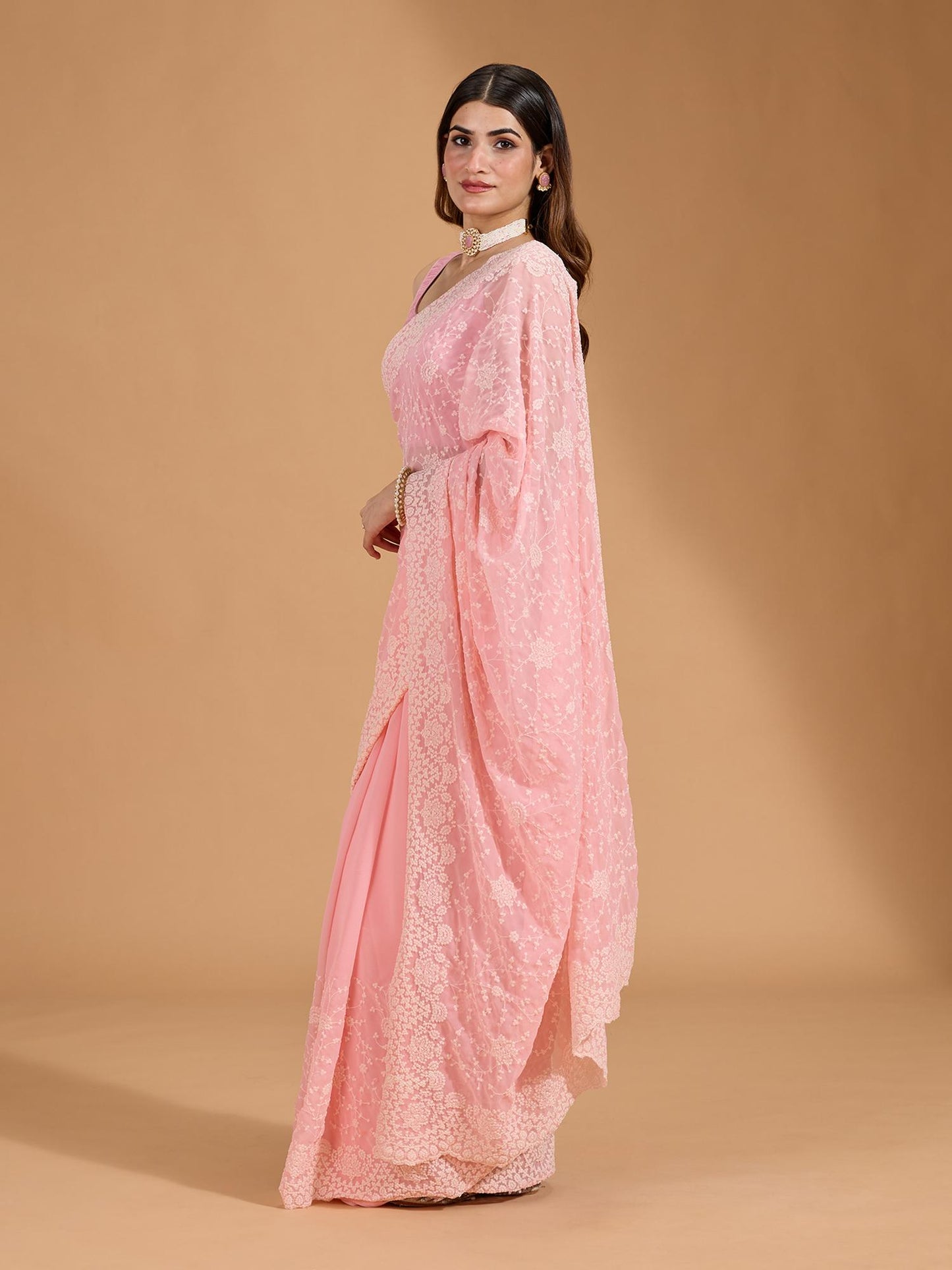 Baby Pink Georgette Beautiful Embroidery Work Saree