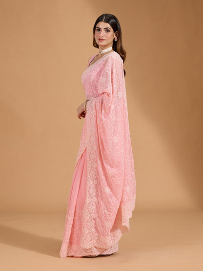 Baby Pink Georgette Beautiful Embroidery Work Saree