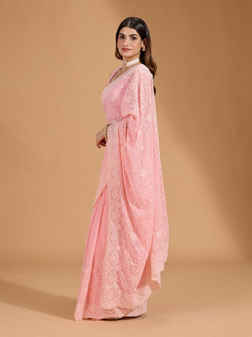 Baby Pink Georgette Beautiful Embroidery Work Saree