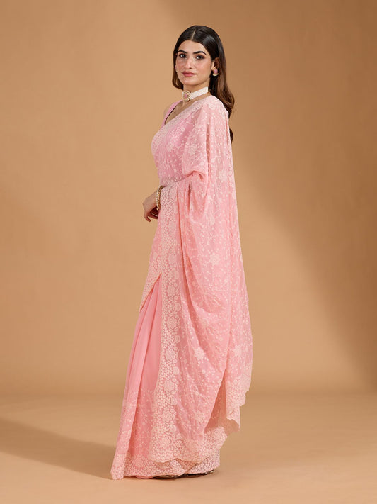 Baby Pink Georgette Beautiful Embroidery Work Saree