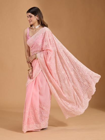 Baby Pink Georgette Beautiful Embroidery Work Saree