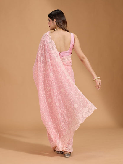 Baby Pink Georgette Beautiful Embroidery Work Saree