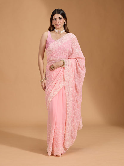 Baby Pink Georgette Beautiful Embroidery Work Saree