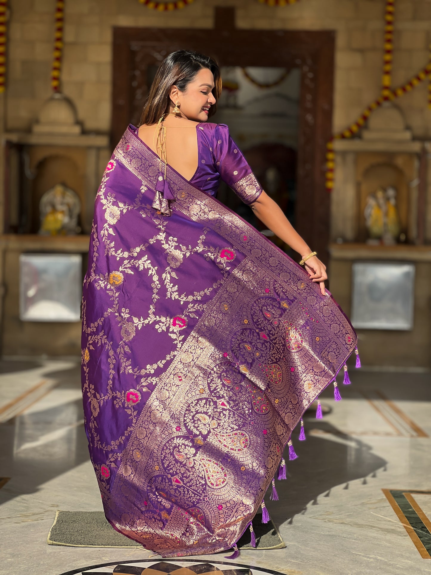 Wine Banarasi Silk Saree with Intricate Zari Work