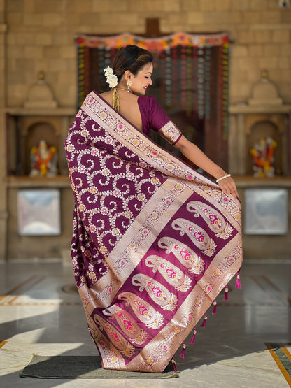 Wine Banarasi Soft Silk Saree