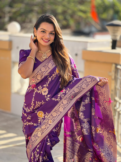 Wine Banarasi Silk Saree with Intricate Zari Work