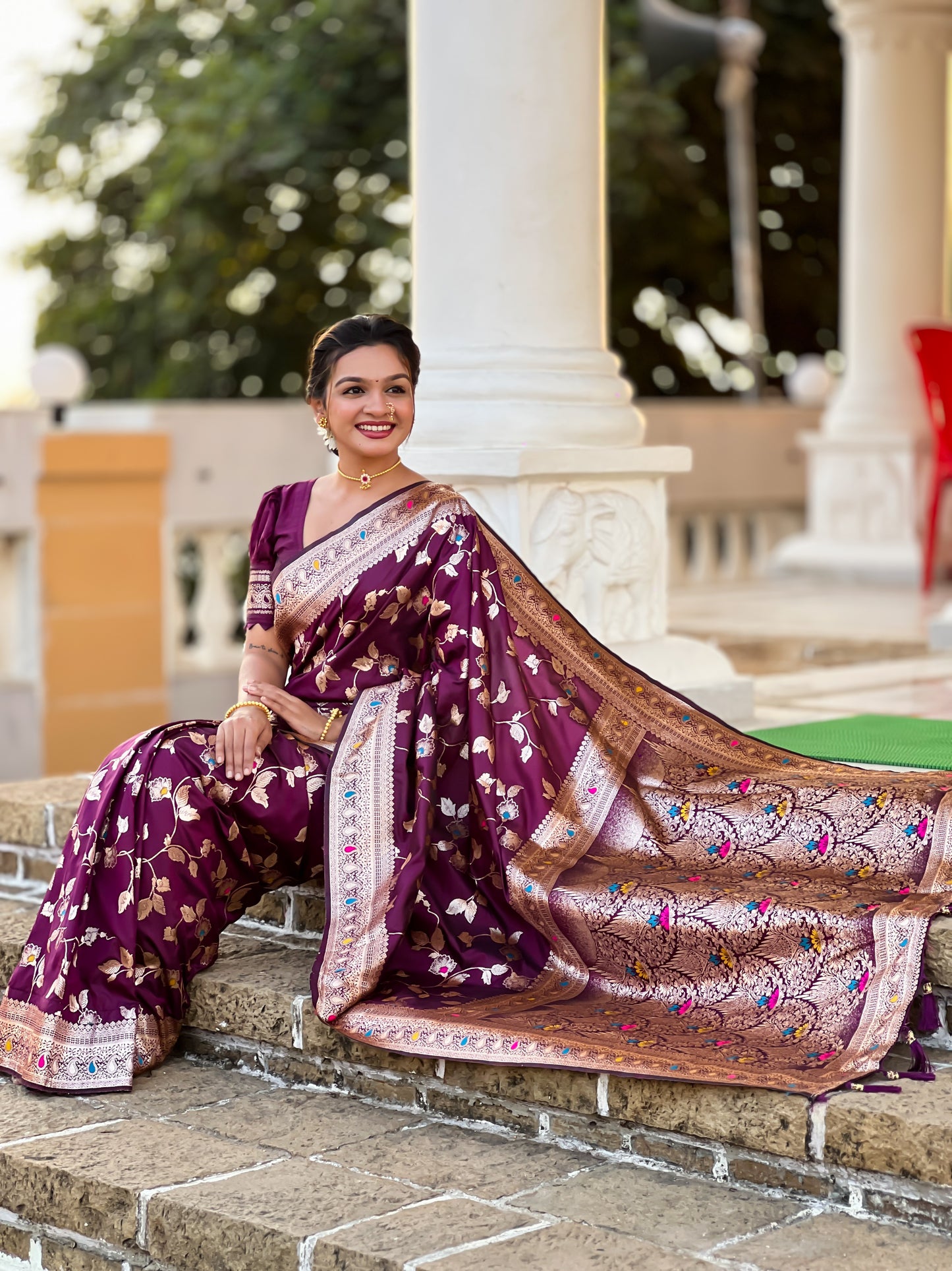 Wine Banarasi Silk Saree with Intricate Zari Work