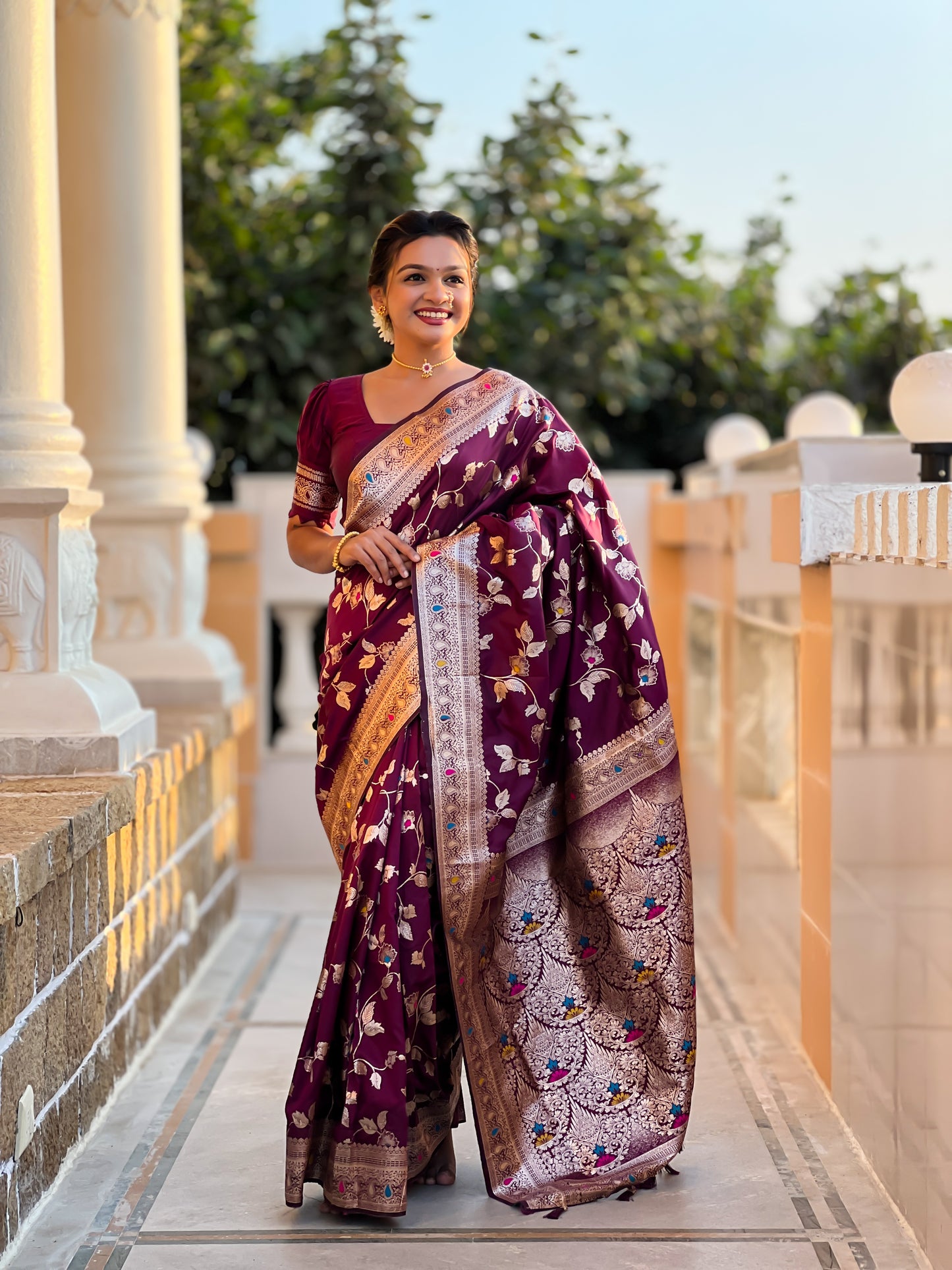 Wine Banarasi Silk Saree with Intricate Zari Work