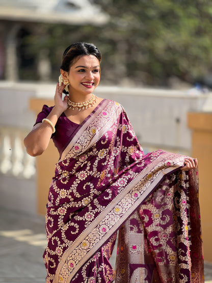 Wine Banarasi Soft Silk Saree