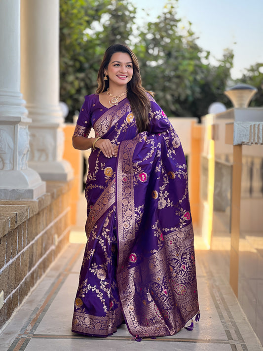 Wine Banarasi Silk Saree with Intricate Zari Work