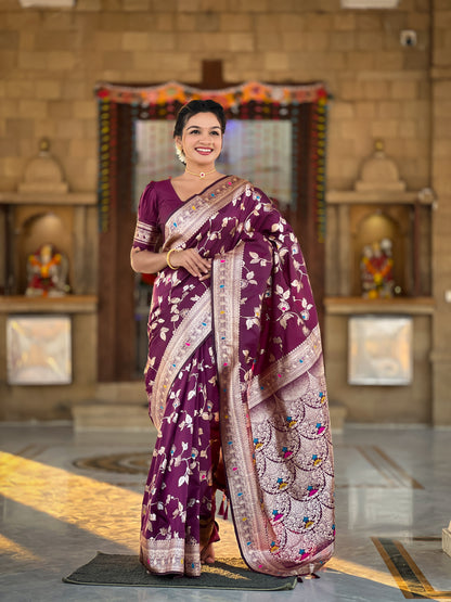 Wine Banarasi Silk Saree with Intricate Zari Work