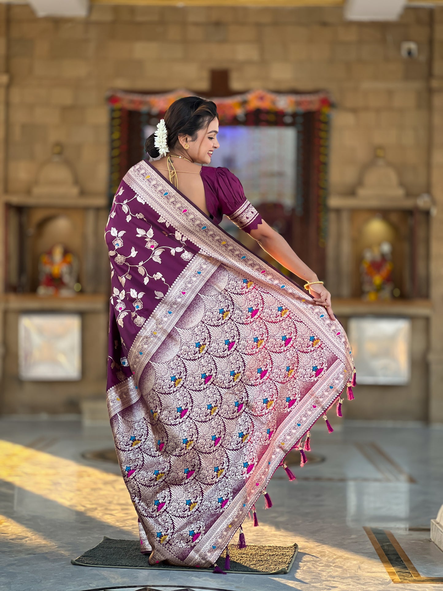 Wine Banarasi Silk Saree with Intricate Zari Work