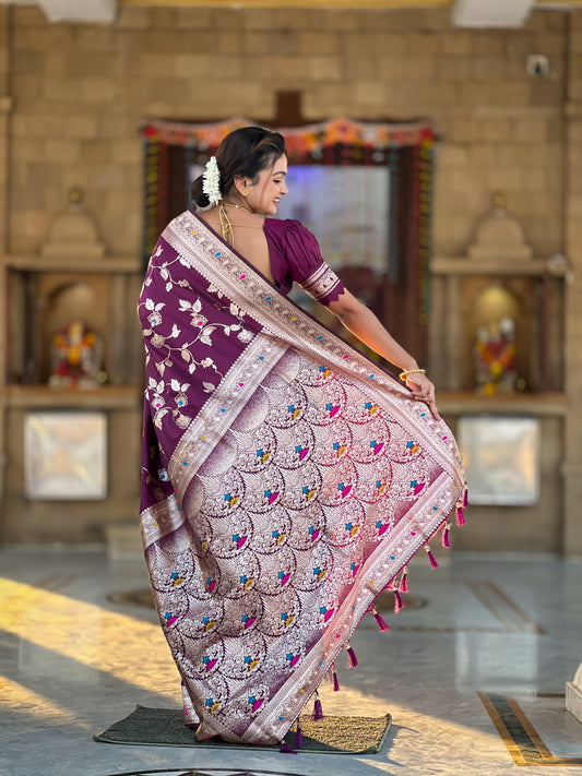 Wine Banarasi Silk Saree with Intricate Zari Work