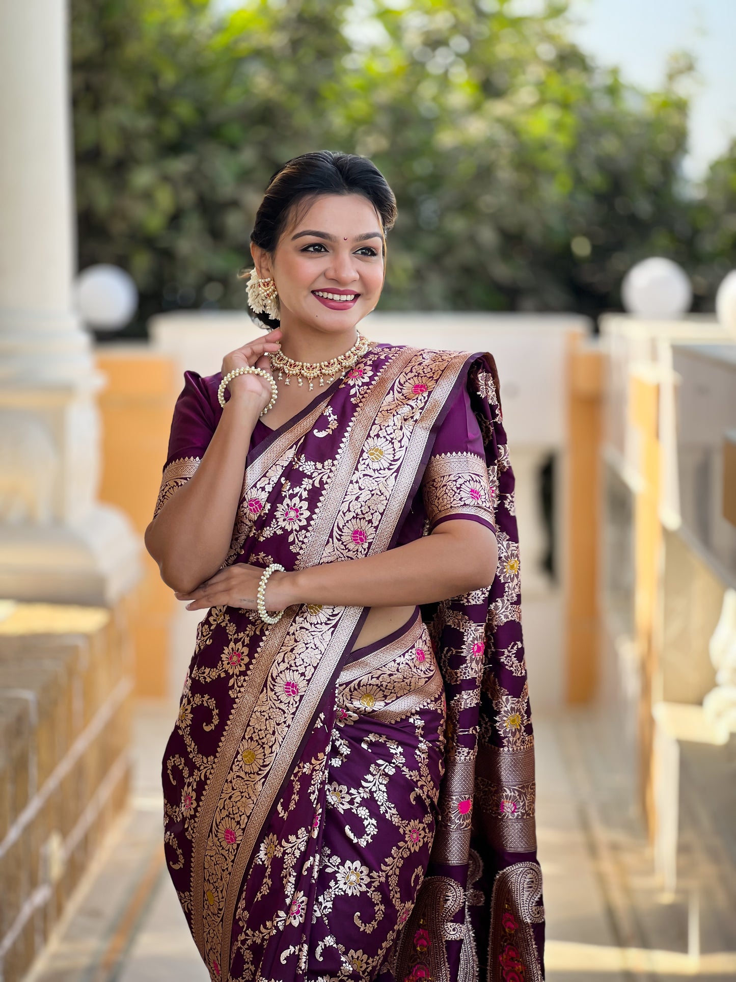 Wine Banarasi Soft Silk Saree