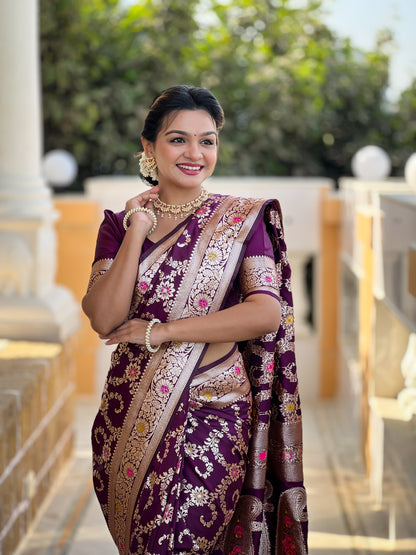 Wine Banarasi Soft Silk Saree