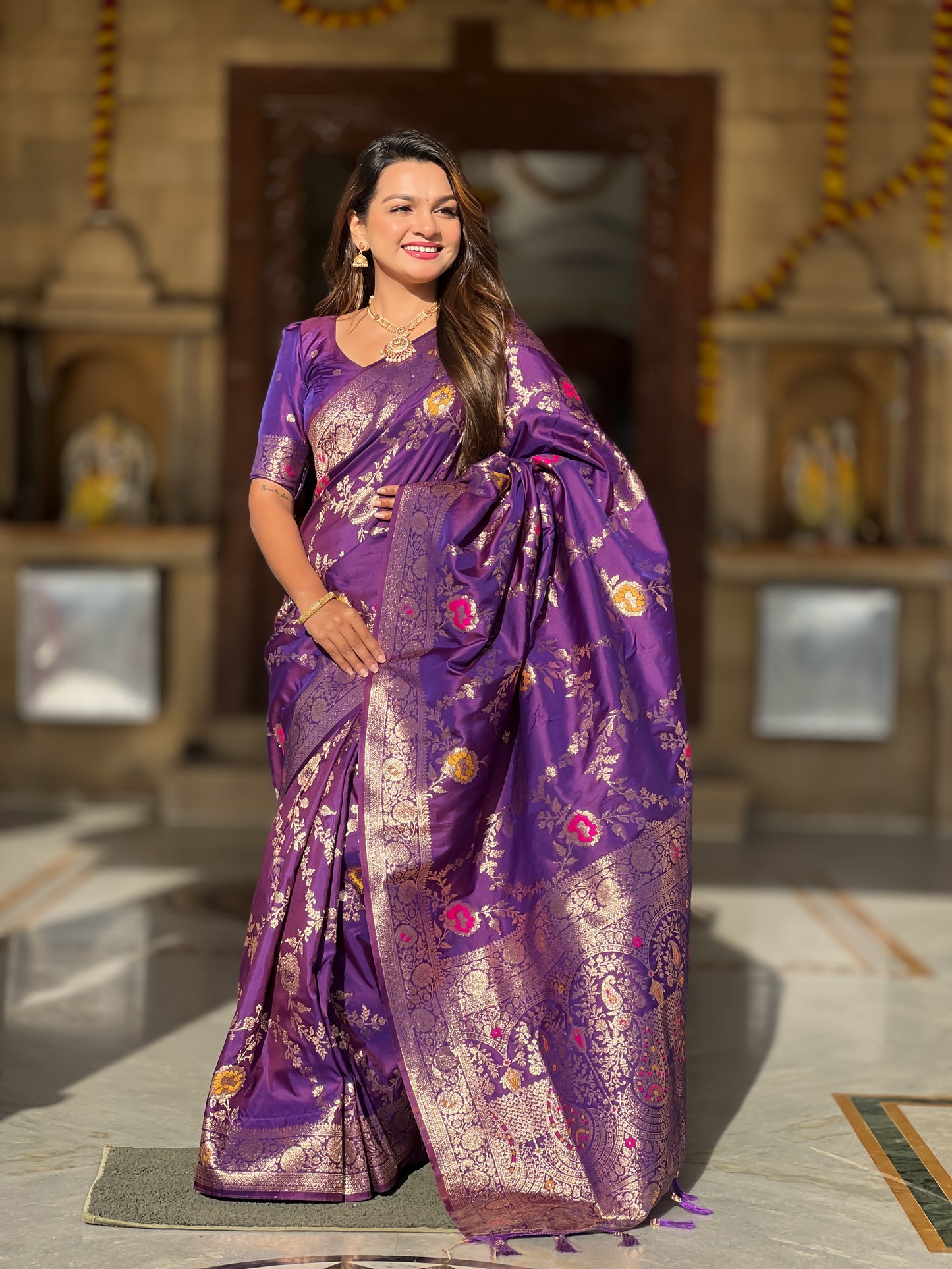 Wine Banarasi Silk Saree with Intricate Zari Work