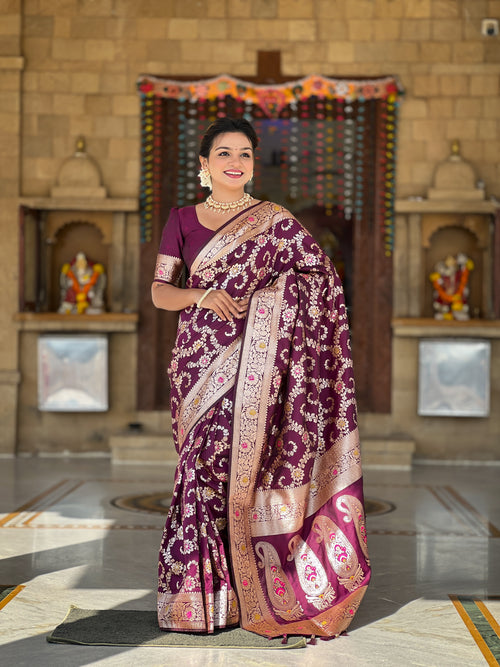 Wine Banarasi Soft Silk Saree