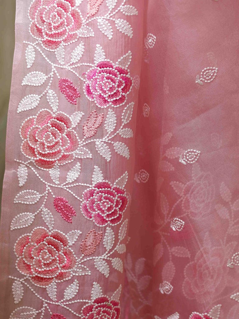 Pink Soft Organza Beautiful Embroidery Thread Work Saree