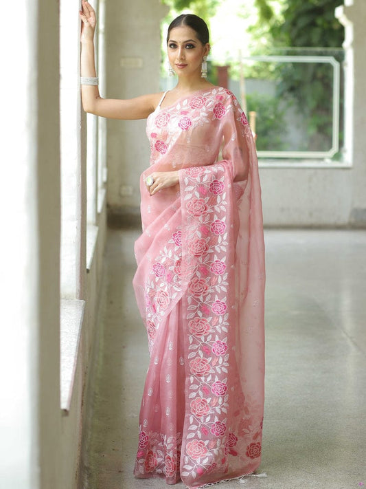 Pink Soft Organza Beautiful Embroidery Thread Work Saree