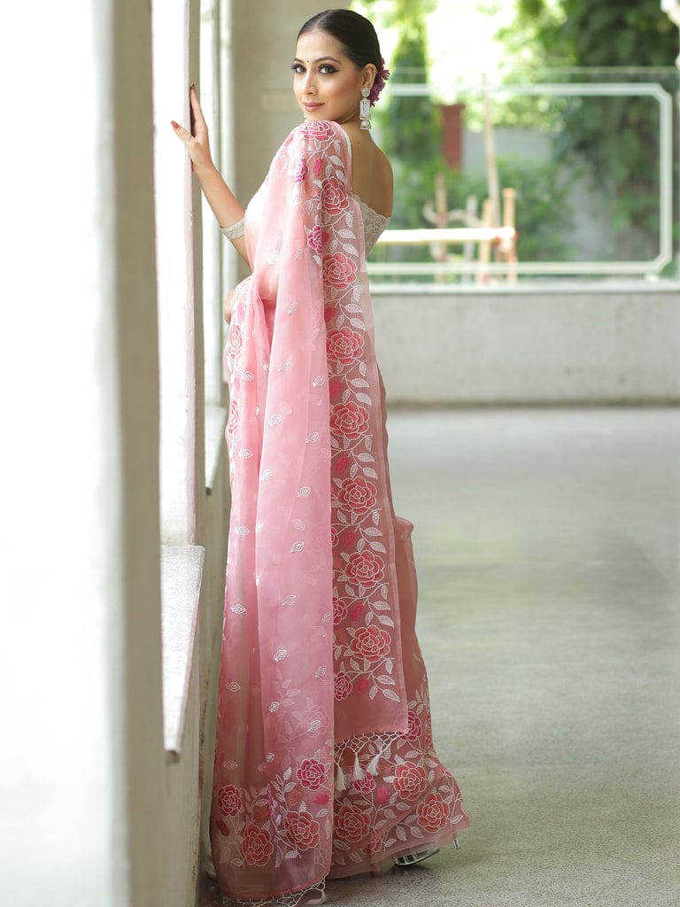 Pink Soft Organza Beautiful Embroidery Thread Work Saree