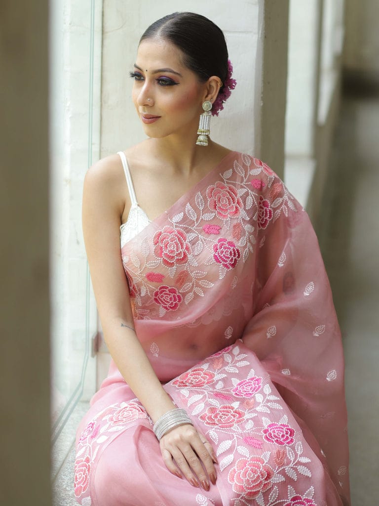 Pink Soft Organza Beautiful Embroidery Thread Work Saree
