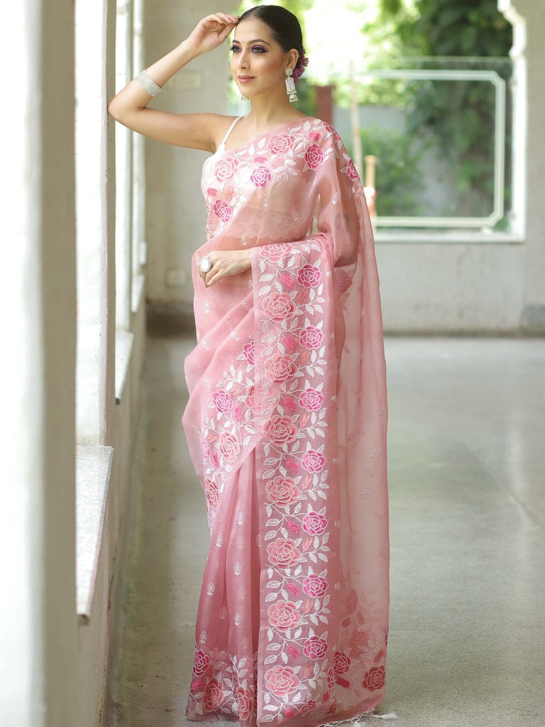 Pink Soft Organza Beautiful Embroidery Thread Work Saree