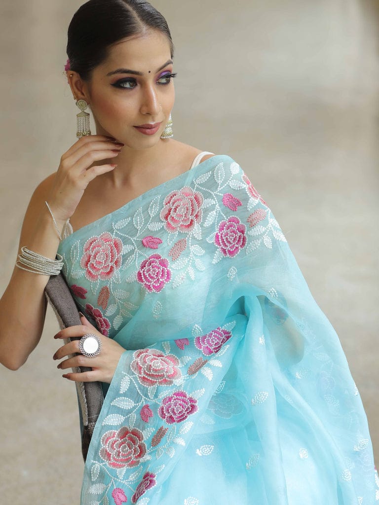 Sky Soft Organza Beautiful Embroidery Thread Work Saree