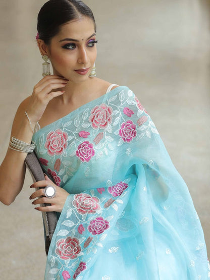 Sky Soft Organza Beautiful Embroidery Thread Work Saree