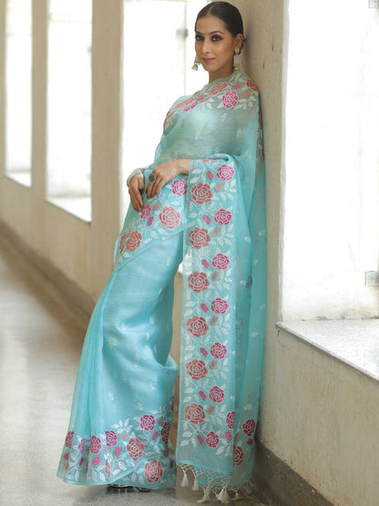 Sky Soft Organza Beautiful Embroidery Thread Work Saree
