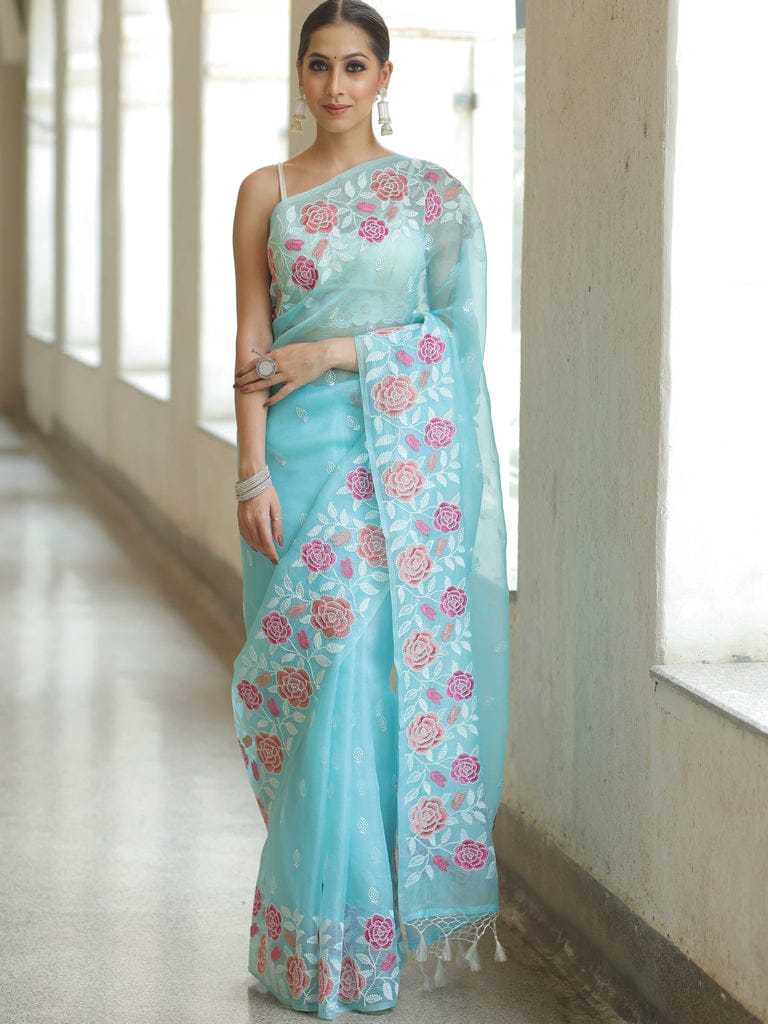 Sky Soft Organza Beautiful Embroidery Thread Work Saree