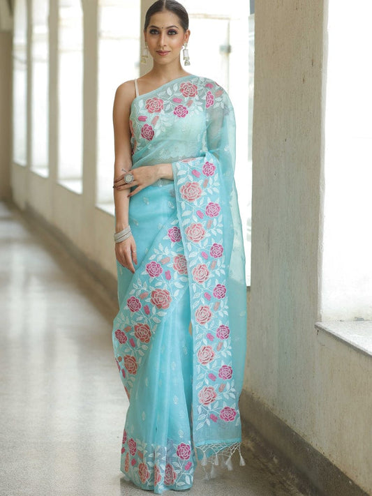 Sky Soft Organza Beautiful Embroidery Thread Work Saree