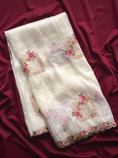 White Designer Embroidery And Siroski Work Saree