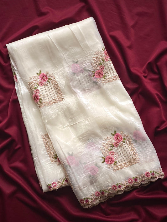 White Designer Embroidery And Siroski Work Saree