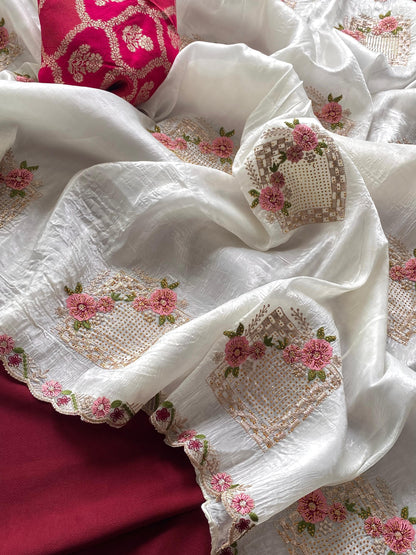 White Designer Embroidery And Siroski Work Saree