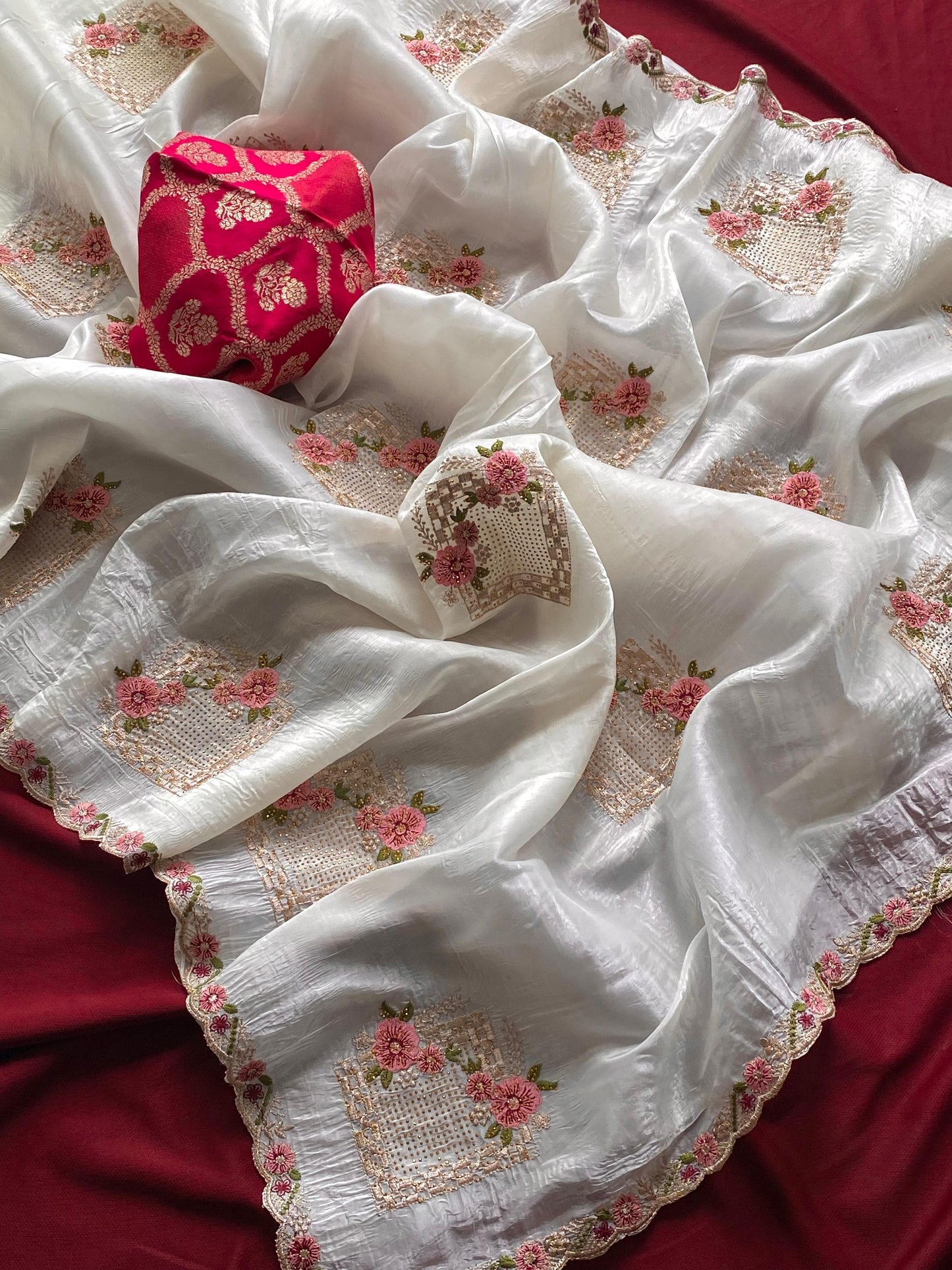 White Designer Embroidery And Siroski Work Saree